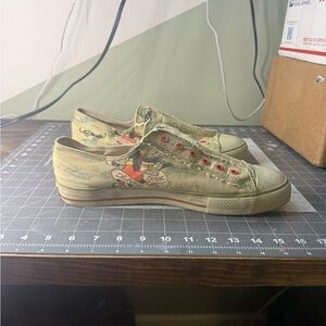 Ed Hardy Green Canvas Sneakers with Tattoo Art